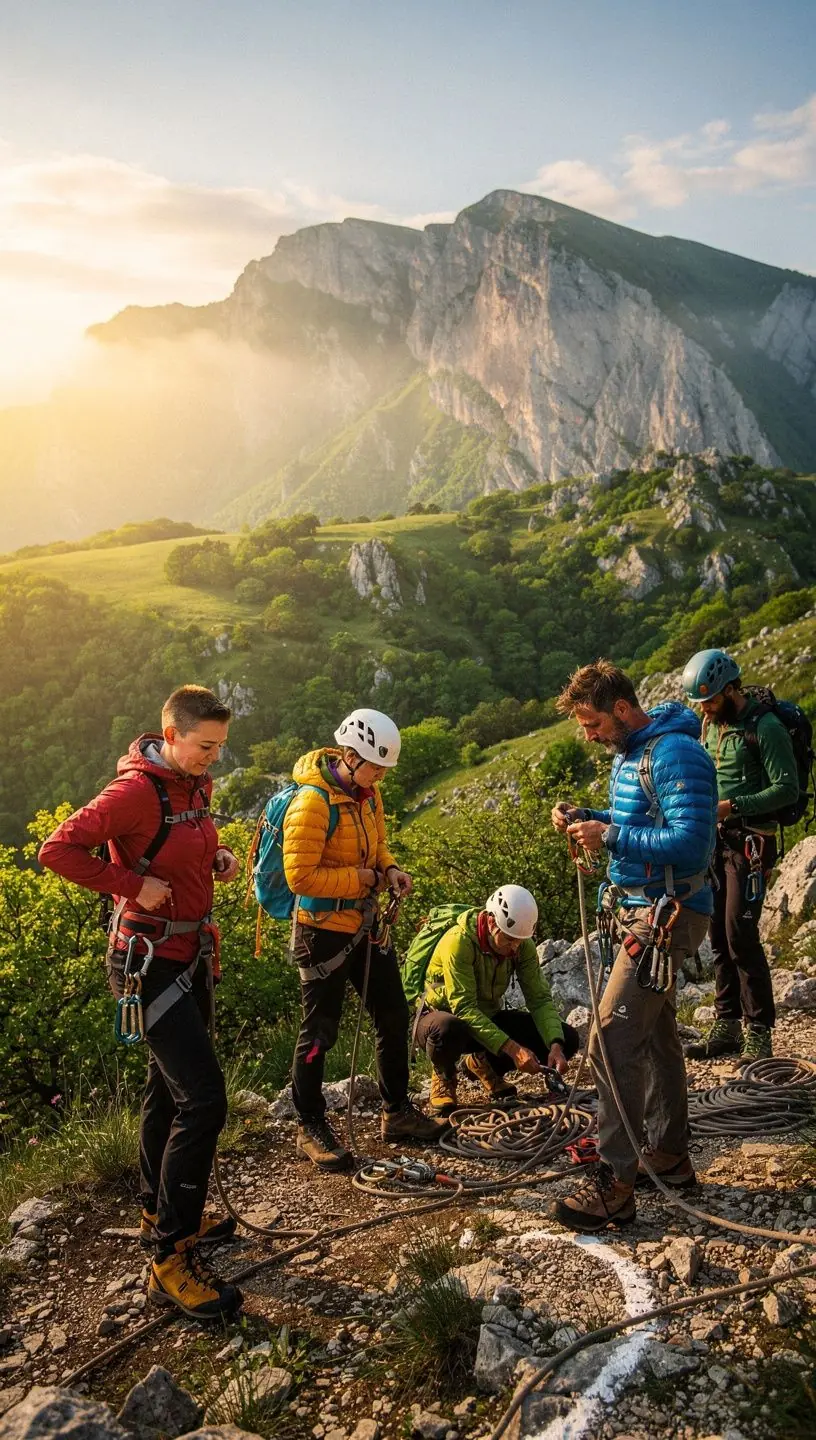 Alpinista mászótechnika bemutatása egy sziklafalon.