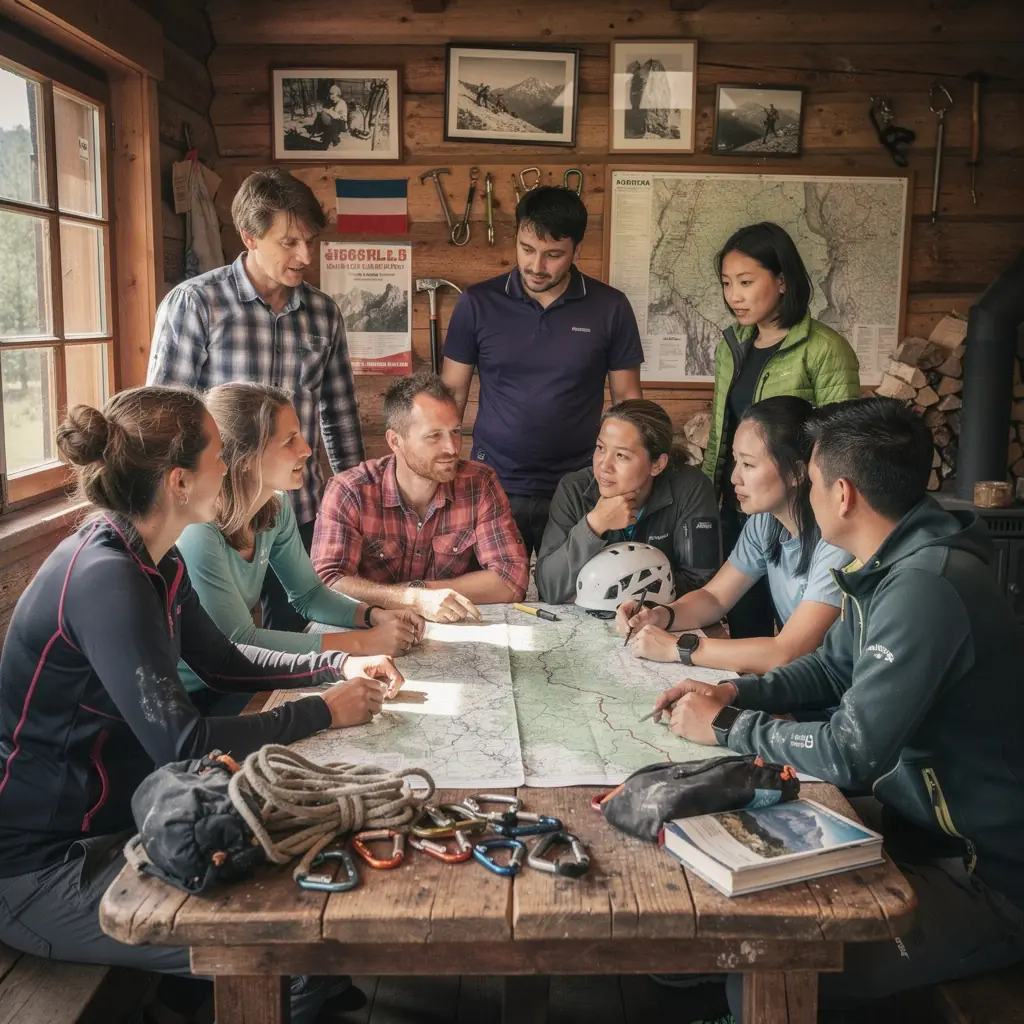 Csoportos mászás során alkalmazott biztonsági technikák.