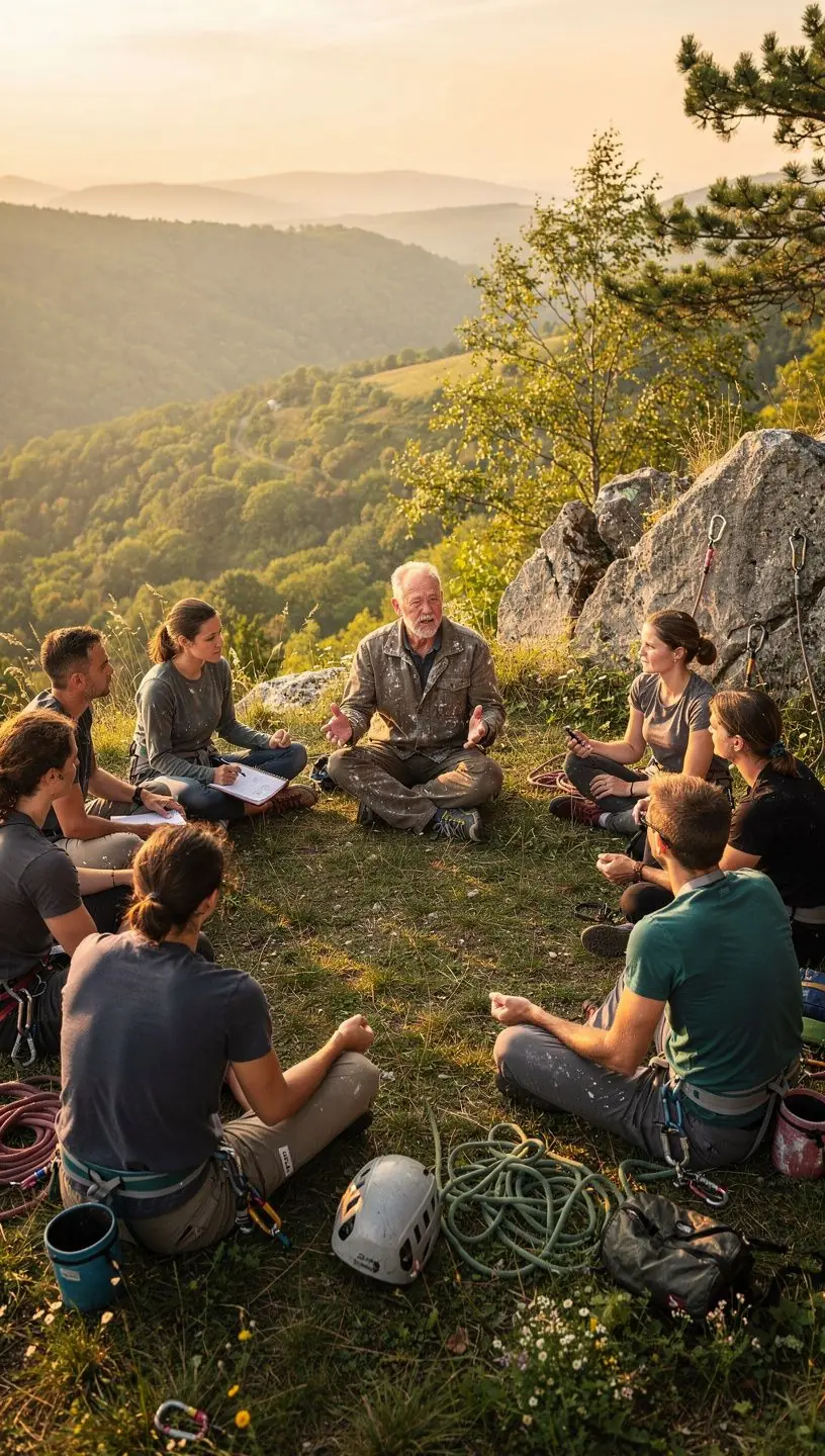 Szakképzett oktató bemutatja a biztonsági felszerelések helyes használatát a mászás során.