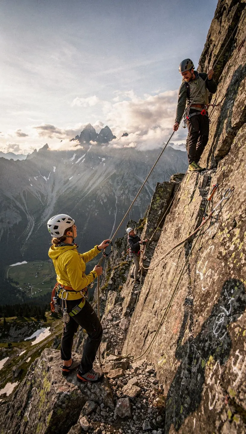 Hegyi mászás közben a résztvevők együttműködnek, hogy biztonságosan megküzdjenek a kihívásokkal.