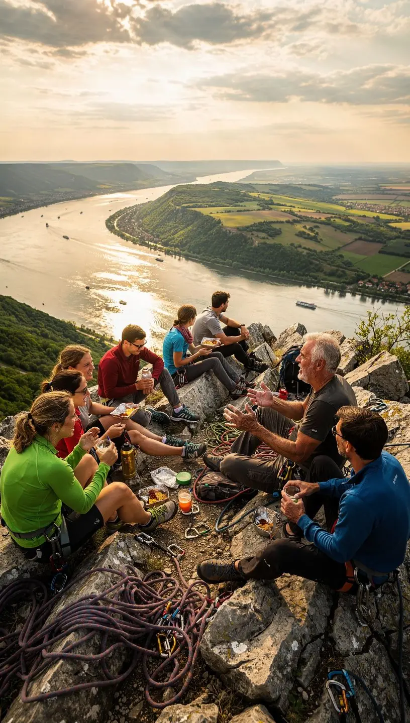 Szakképzett oktató bemutatja a biztonsági felszerelések helyes használatát a mászás során.
