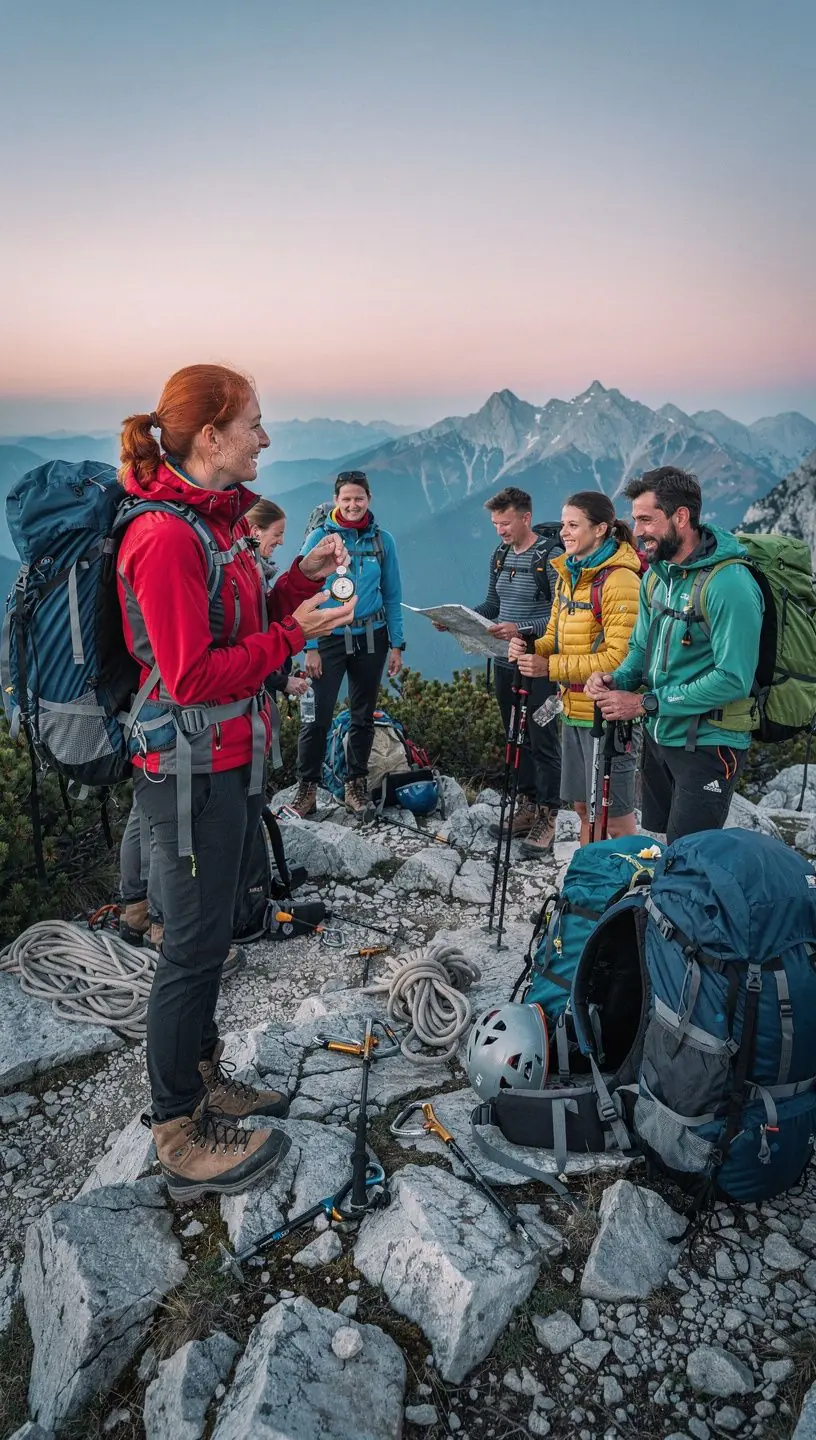 Szakképzett oktató bemutatja a biztonsági felszerelések helyes használatát a mászás során.