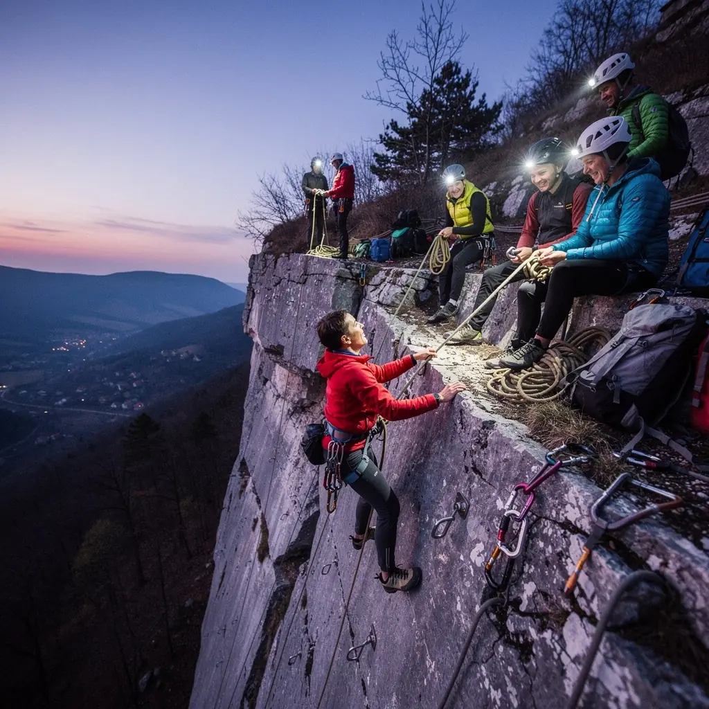 Szakképzett oktató bemutatja a biztonsági felszerelések helyes használatát a mászás során.