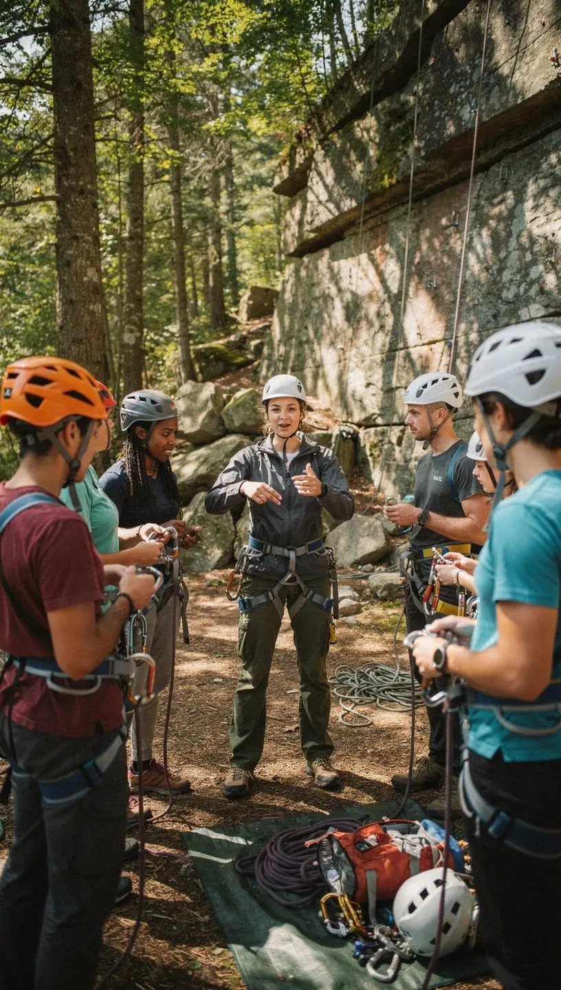 Szakképzett oktató bemutatja a biztonsági felszerelések helyes használatát a mászás során.
